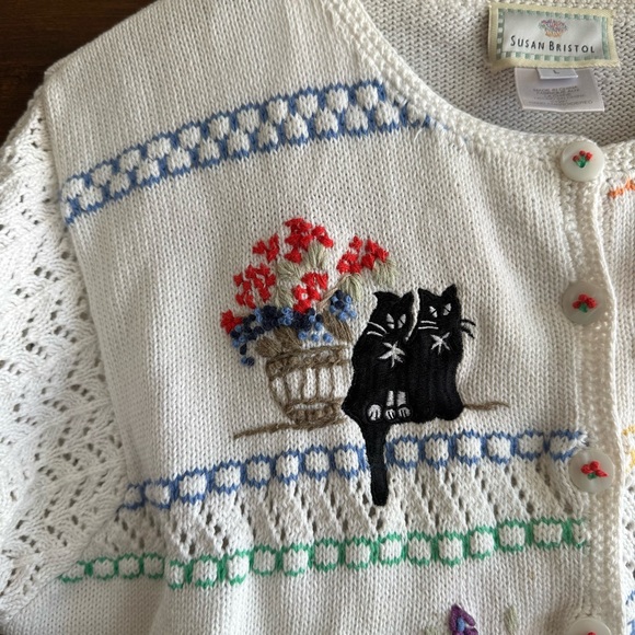 Vintage Susan Bristol Hand Embroidered Black Cat Cardigan Sweater 1997 - Picture 3 of 16